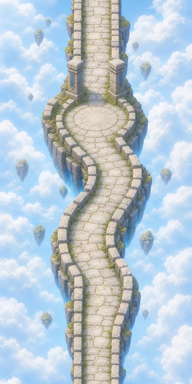 A winding stone path rising through clouds