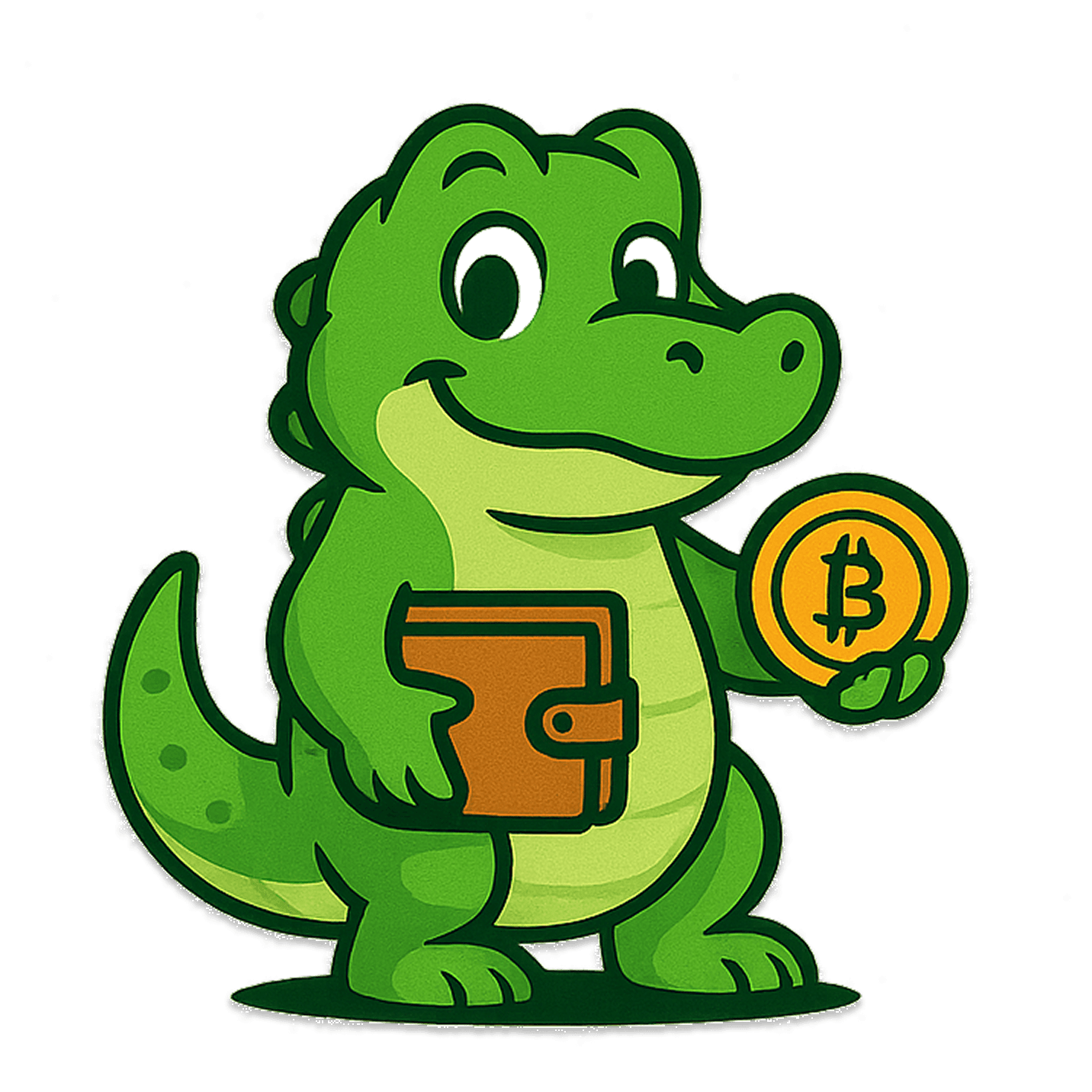 CryptoCroc holding a wallet and a Bitcoin coin
