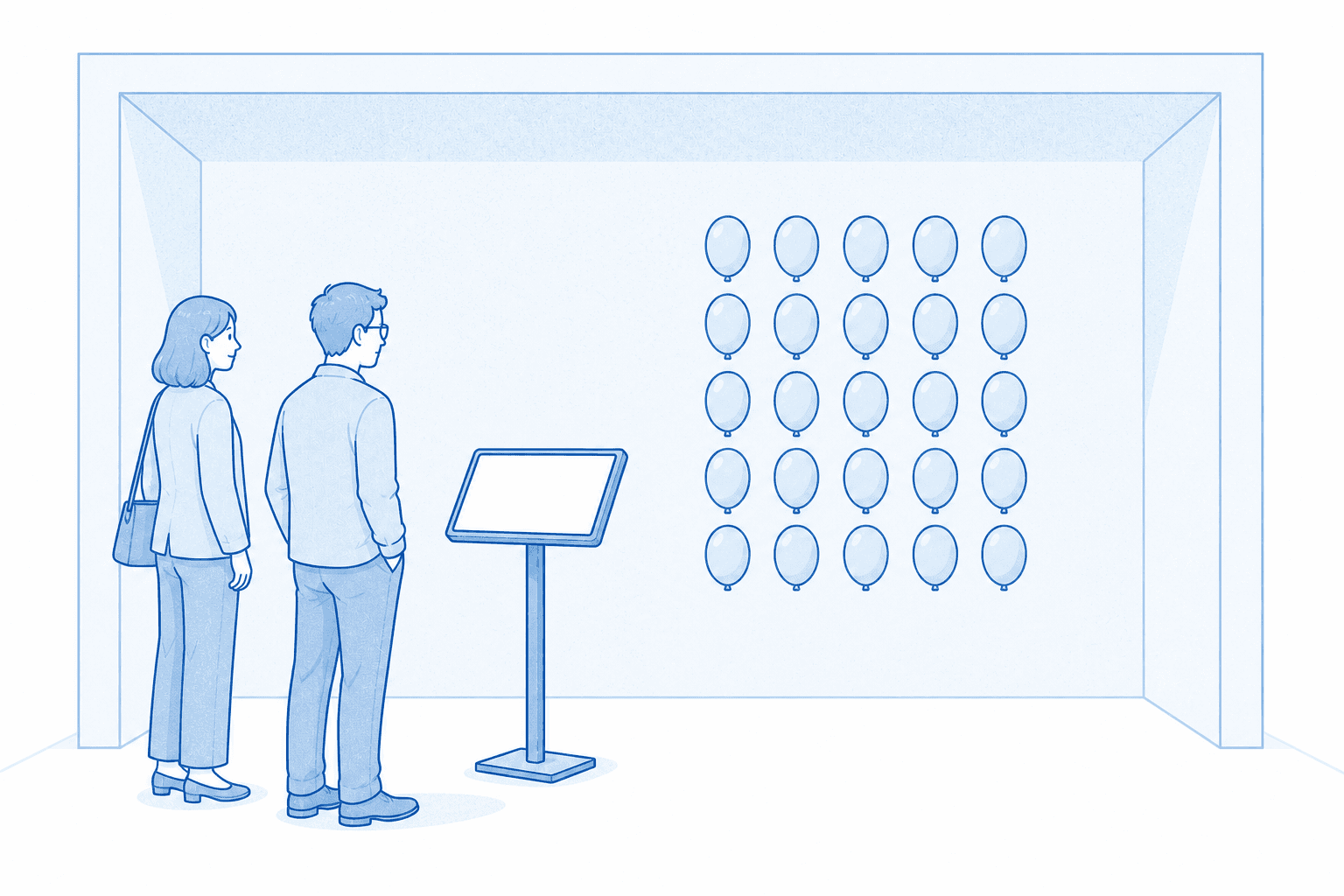 A pale-blue Decision ROI booth illustration with a blank landscape iPad stand and a clean grid of identical balloons