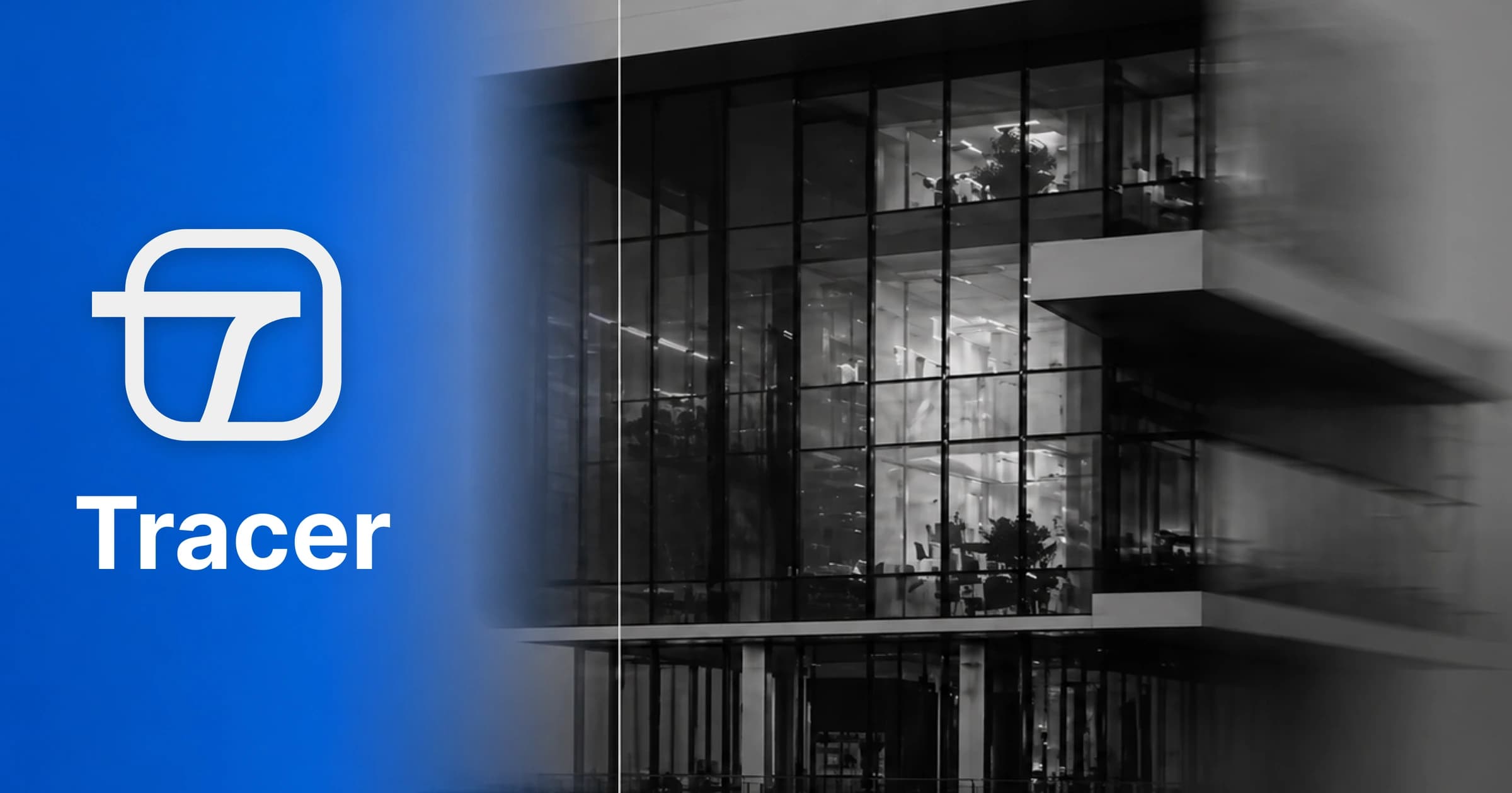 Tracer's white identity against cobalt light and monochrome glass architecture