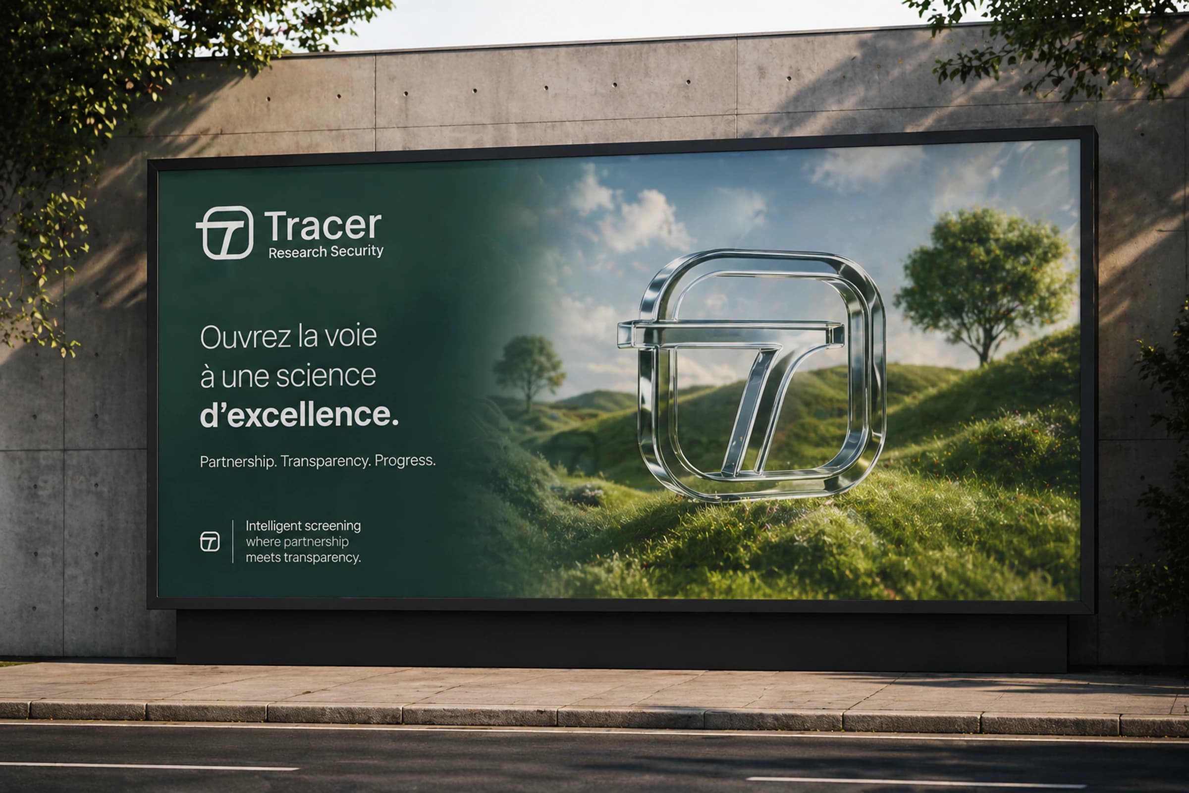 Outdoor campaign concept with Tracer's glass monogram in a green landscape