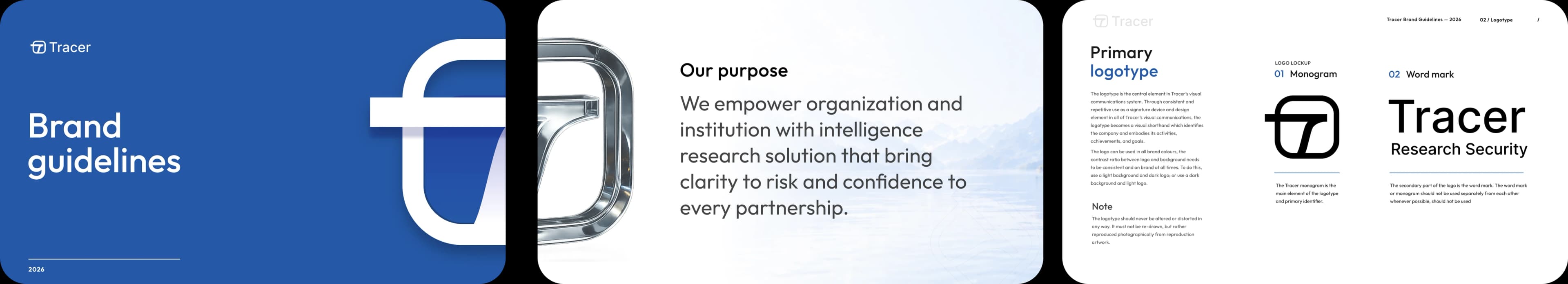 Original Tracer guidelines showing the brand cover, purpose statement, and primary identity
