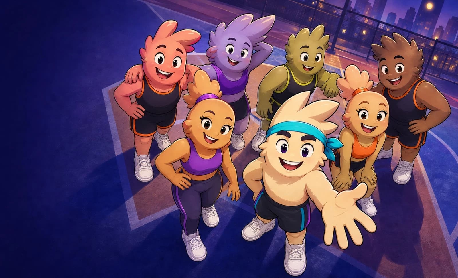 Buster and the PushedWorld cast gathered after a workout