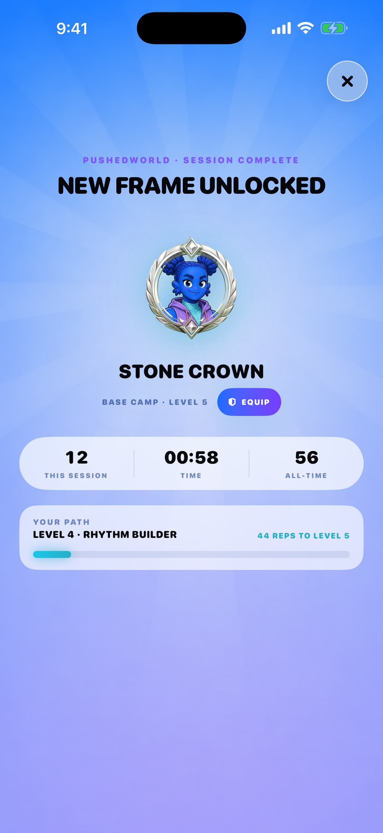 Session recap with an earned Stone Crown profile frame