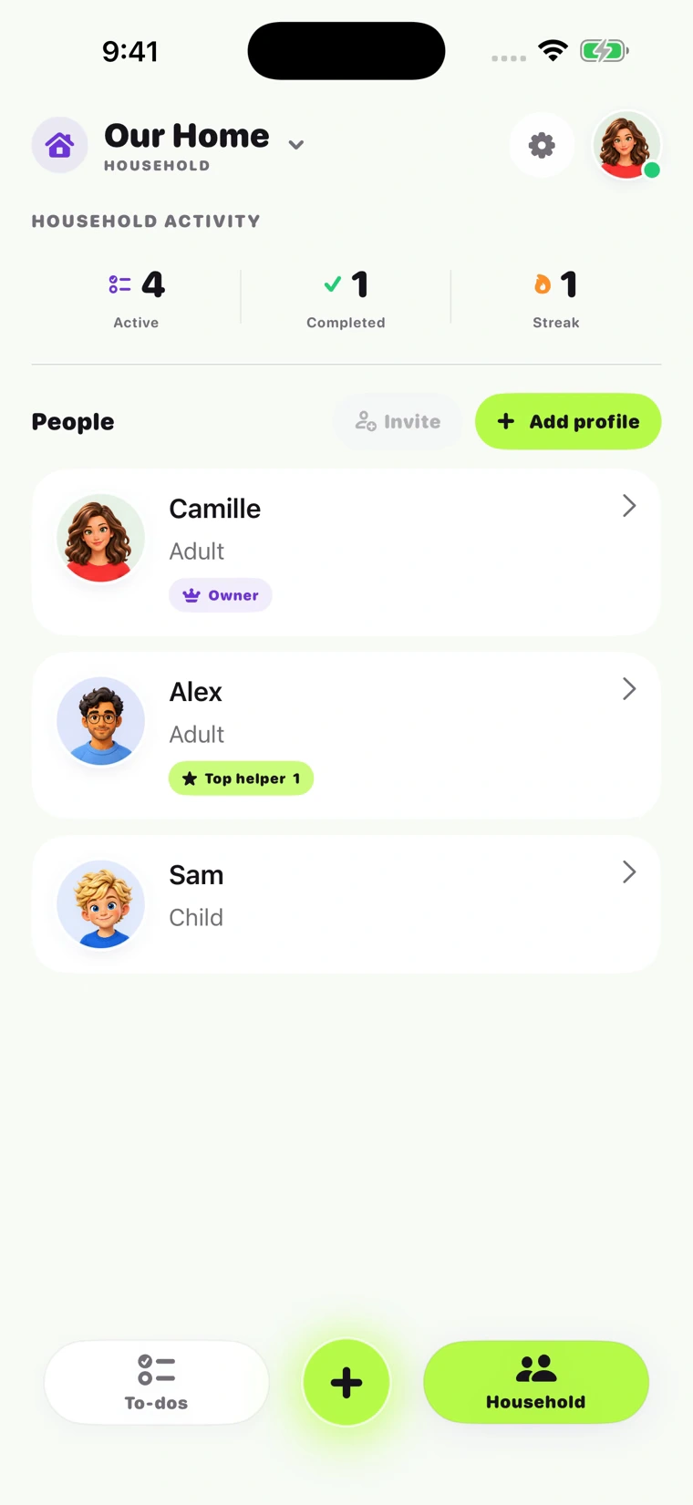 Nudge household overview with Camille, Alex, and Sam